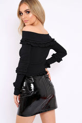 Black Ribbed Ruffle Bardot Top - Daria