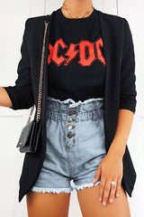 Light Denim High Waist Frilled Hem Paperbag Shorts - Raivyn