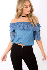 Dark Denim Bardot Crochet Top - Carley