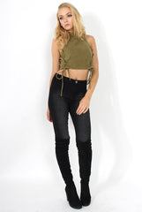 Daisy Khaki Suede Tie Up Crop Top