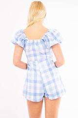 Blue Gingham Tie Front Puff Sleeve Playsuit - Davey