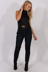 Black Satin Dipped Hem Collar Top - Davina