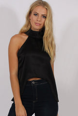 Black Satin Dipped Hem Collar Top - Davina