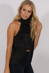Black Satin Dipped Hem Collar Top - Davina