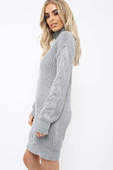 Grey Roll Neck Cable Knit Jumper Dress - Dawn