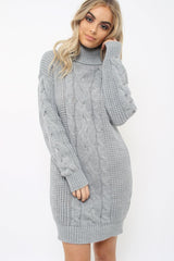 Grey Roll Neck Cable Knit Jumper Dress - Dawn