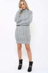 Grey Roll Neck Cable Knit Jumper Dress - Dawn