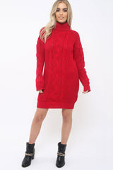 Red Roll Neck Cable Knit Jumper Dress - Dawn