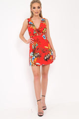 Red Floral Tie Front Dress -  Daylen