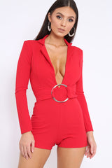 Red Plunge Front Playsuit with Ring Belt Detail - Daylin