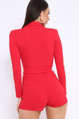 Red Plunge Front Playsuit with Ring Belt Detail - Daylin