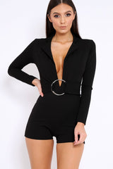 Black Plunge Front Playsuit with Ring Belt Detail - Daylin