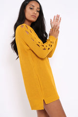 Mustard Cable Knit Jumper Dress with Cut out Detail - Daysie