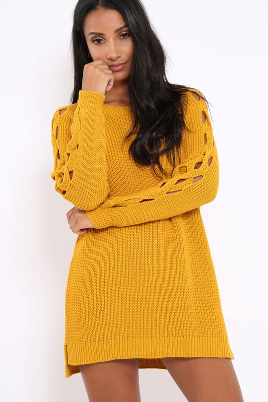 Mustard Cable Knit Jumper Dress with Cut out Detail - Daysie