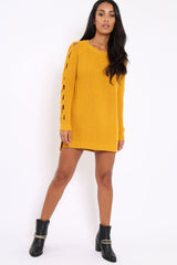 Mustard Cable Knit Jumper Dress with Cut out Detail - Daysie