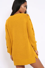 Mustard Cable Knit Jumper Dress with Cut out Detail - Daysie