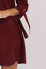 Wine Suede Tie Cuff Oversized Shirt Dress - Deborah