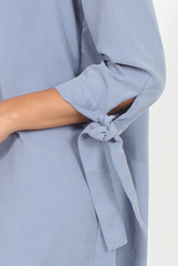 Dusky Blue Suede Tie Cuff Oversized Shirt Dress - Deborah