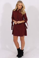 Wine Suede Tie Cuff Oversized Shirt Dress - Deborah