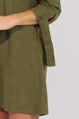 Khaki Suede Tie Cuff Oversized Shirt Dress - Deborah