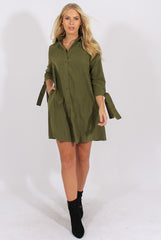 Khaki Suede Tie Cuff Oversized Shirt Dress - Deborah