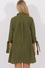Khaki Suede Tie Cuff Oversized Shirt Dress - Deborah