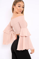 Rose Shirred Bardot Crop Top with Ruffle Sleeves - Dee