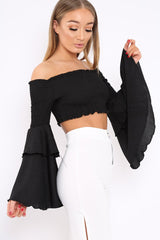 Black Shirred Bardot Crop Top with Ruffle Sleeves - Dee