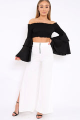 Black Shirred Bardot Crop Top with Ruffle Sleeves - Dee