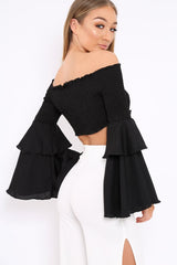 Black Shirred Bardot Crop Top with Ruffle Sleeves - Dee