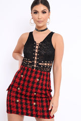 Red and Black Check Button Front Skirt - Dalena