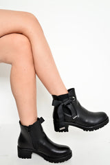 Black PU Bow Detail Chunky Chelsea Boots - Daleisa