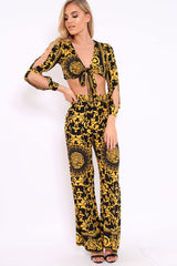 Black and Gold Print Tie front Crop Top - Delia