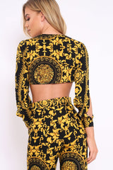 Black and Gold Print Tie front Crop Top - Delia