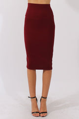 Wine Ribbed High Waisted Midi Skirt - Della