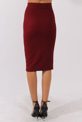 Wine Ribbed High Waisted Midi Skirt - Della