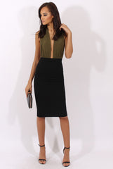 Black Ribbed High Waisted Midi Skirt - Della