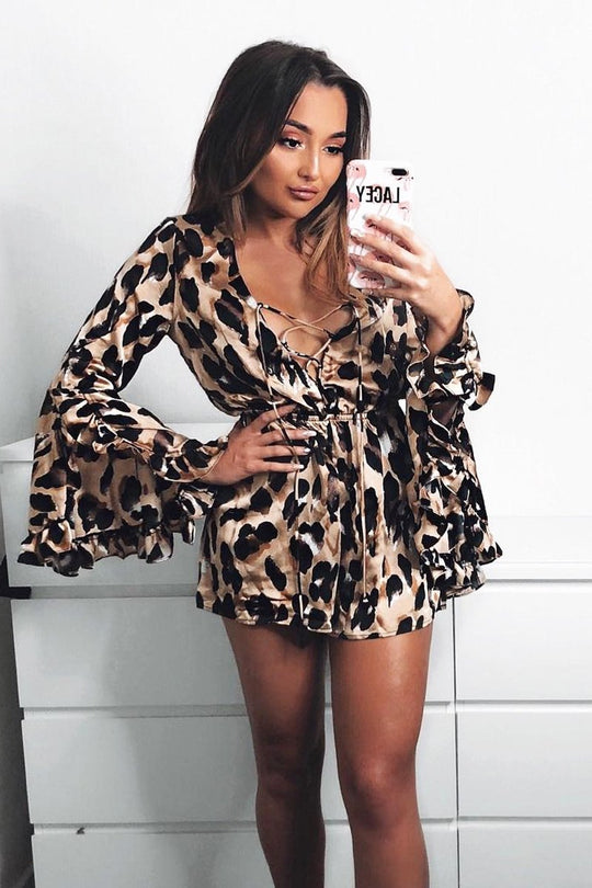 Leopard Print Flared Sleeve Tie Up Playsuit - Deyli