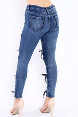 Blue Denim Lace Up High Waist Skinny Jeans - Demelza