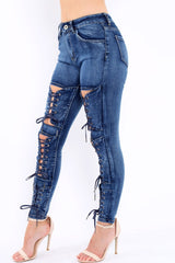 Blue Denim Lace Up High Waist Skinny Jeans - Demelza