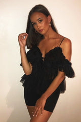 Black Bardot Tie Front Tulle Top - Jax