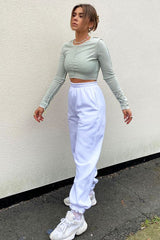 Sage White Contrast Stitch Ribbed Crop Top - Candice