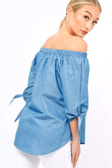 Denim Bardot Floral Embroidered Top - Cerise