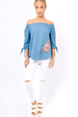 Denim Bardot Floral Embroidered Top - Cerise