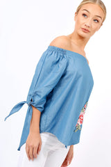 Denim Bardot Floral Embroidered Top - Cerise