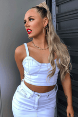 White Contrast Stitch Bralet + Skirt Denim Co-ord - Divina