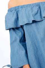 Denim Blue Frill Bardot Dress - Layna