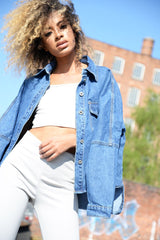 Dark Blue Dip Hem Denim Shirt - Abella