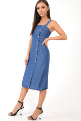Denim Button Front Wide Strap Midi Dress - Raffaella