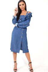 Denim Button Front Wide Strap Midi Dress - Raffaella